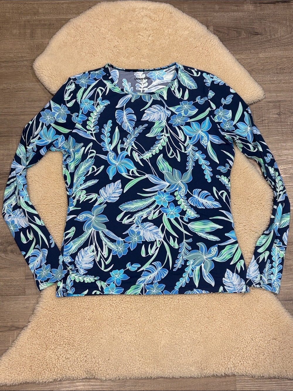 Lands’ End SunShade UPF 50 rash guard swim tee, blue/green floral, XS/S 2-4